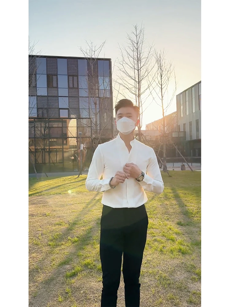 

New Chinese Sle Long Sve Stand Collar White irt Men's Slim Fit Versatile Trendy Lightweight Busin Casual Base irt