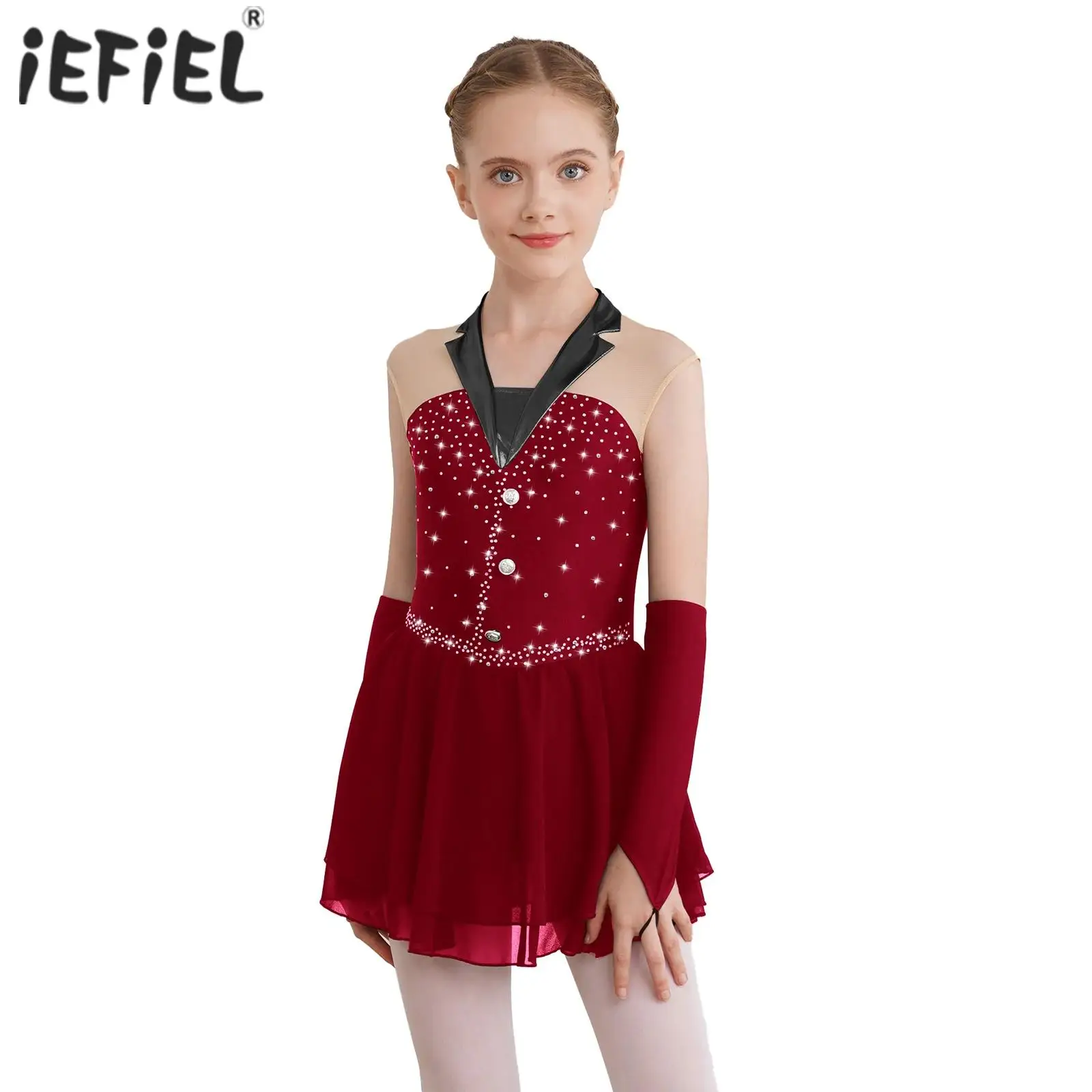 Kids Girls Ballet Dance Dress Figure Skating Dance Costumes with Fingerless Gloves Sleeveless Built-in Briefs Leotard Tutu Dress