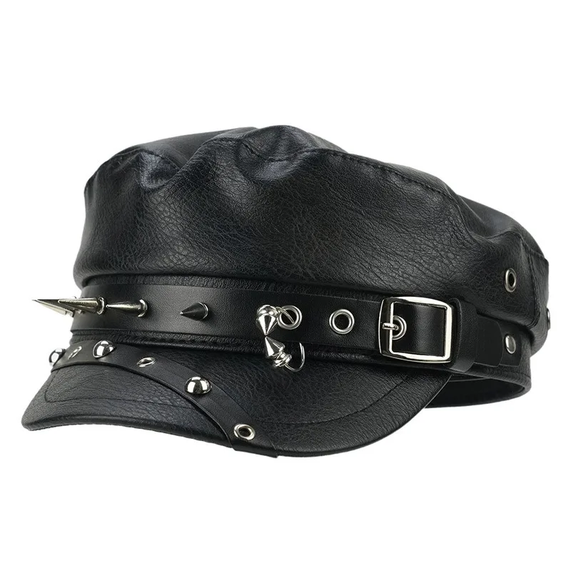 Gothic Punk Spiked Studded Faux Leather Military Cap with Buckle Strap Retro Biker Cadet Hat for Cosplay Rock Party