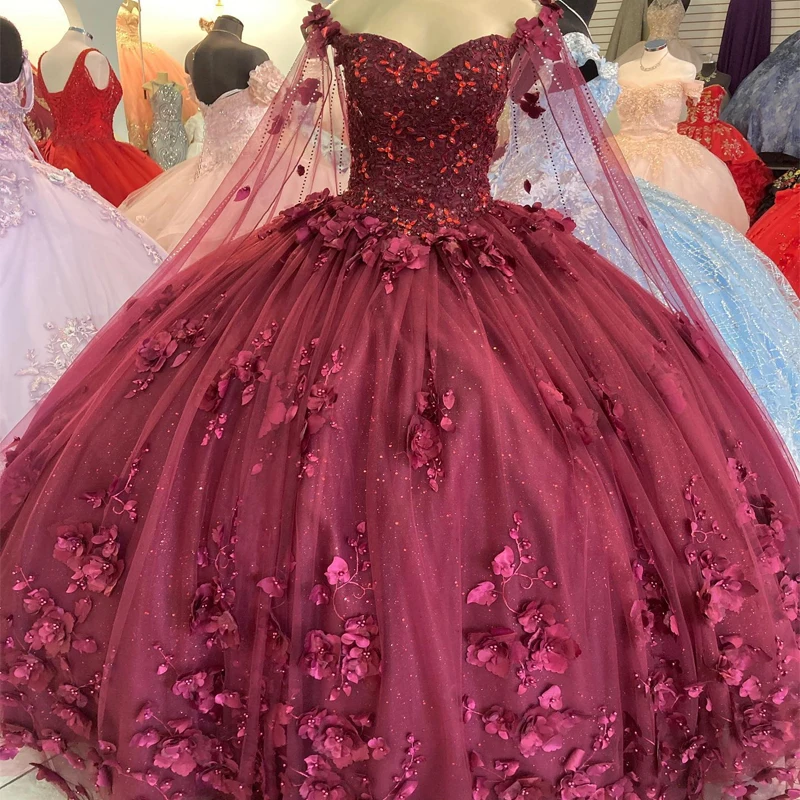 

Lorencia Burgundy Shiny Ball Gown Quinceanera Dress With Cape Beaded 3DFlower Princess Sweet 16 Dress Vestidos De XV Anos YQD318