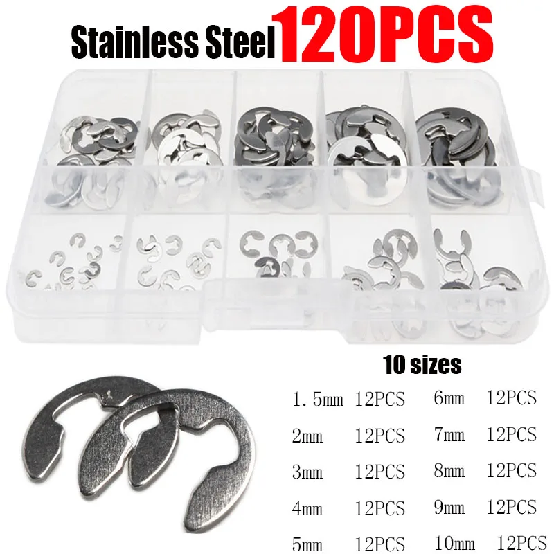 

120PCS 1.5/2/3/4/5/6/7/8/9/10mm 304 Stainless Steel Retaining Circlip Set E-Clip Assortment Kit For Hardware Accessories