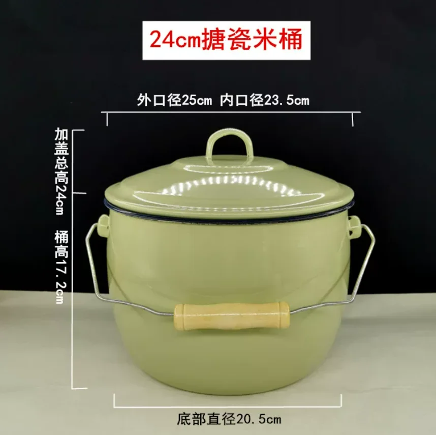 Vintage Enamel Lifting Pot Soup Bucket Rice Storage Bucket with Lid