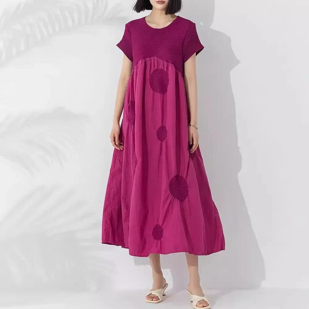 2024 New Pleated Celebrity Dress Fashion Women's Clothing High-end Temperament Solid Color Splicing Atmospheric Loose Long Dress