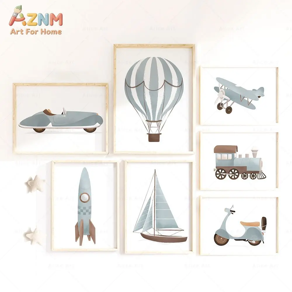 AZNM Green Transport Canvas Wall Art Hot Air Balloon Airplane Train Rocket Sailboat Car Watercolor Print Frameless Canvas Painti