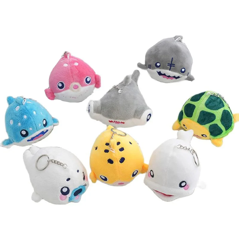 Wholesale 40pcs/lot 10cm Cute Cartoon Marine animals shark Clownfish PLush TOys Keyring Beluga whale Sea lion Stuffed Pendant