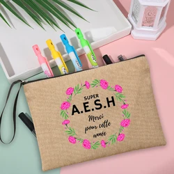 Bolsa de maquillaje estampada Super AESH, neceser de lino con cremallera para mujer, organizador de artículos de tocador de viaje, bolsas de almacenamiento de lápices escolares, regalos AESH