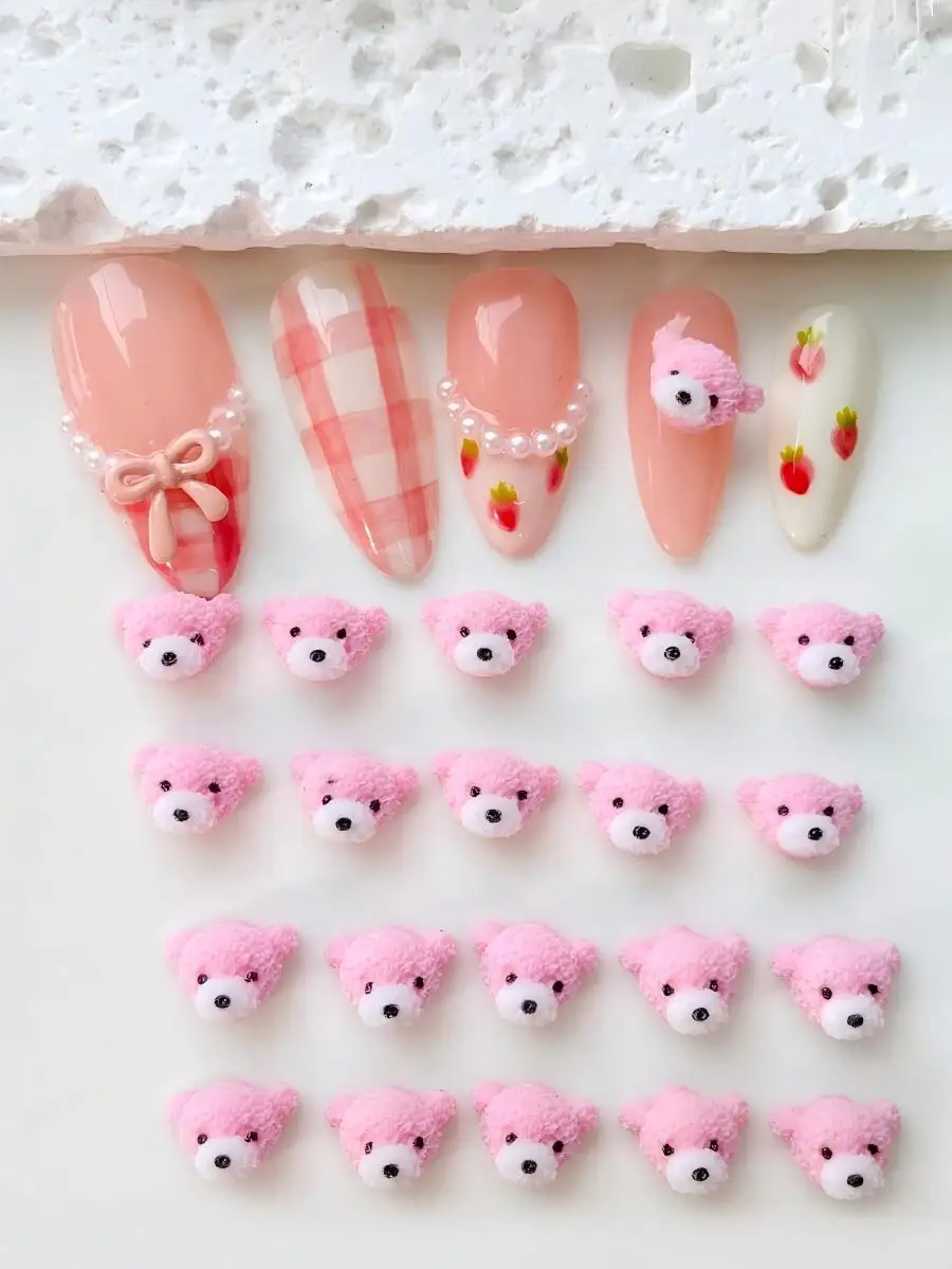 30pcs Pink Soft Sculpted Bear Nail Charms Cute 3D Relief Cartoon Bear Embellishments, Mixed Styles for DIY Nails