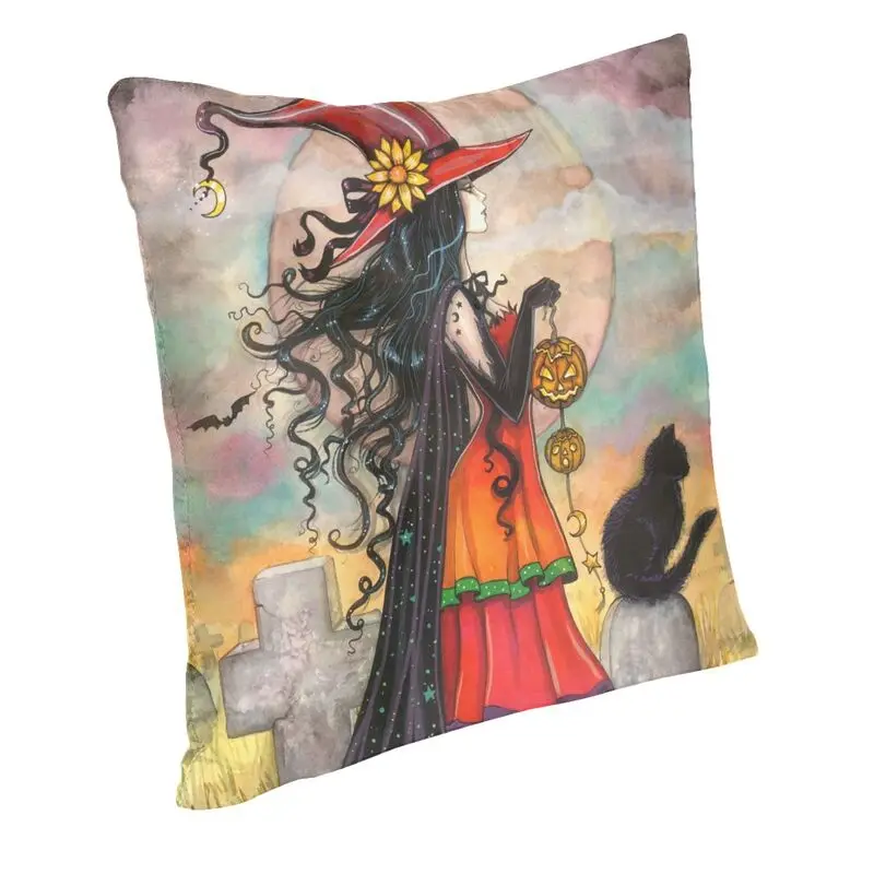 Halloween Witch And Black Cat Fantasy Art Square Pillow Case Home Decorative Occult Gothic Wiccan Cushions Throw Pillow
