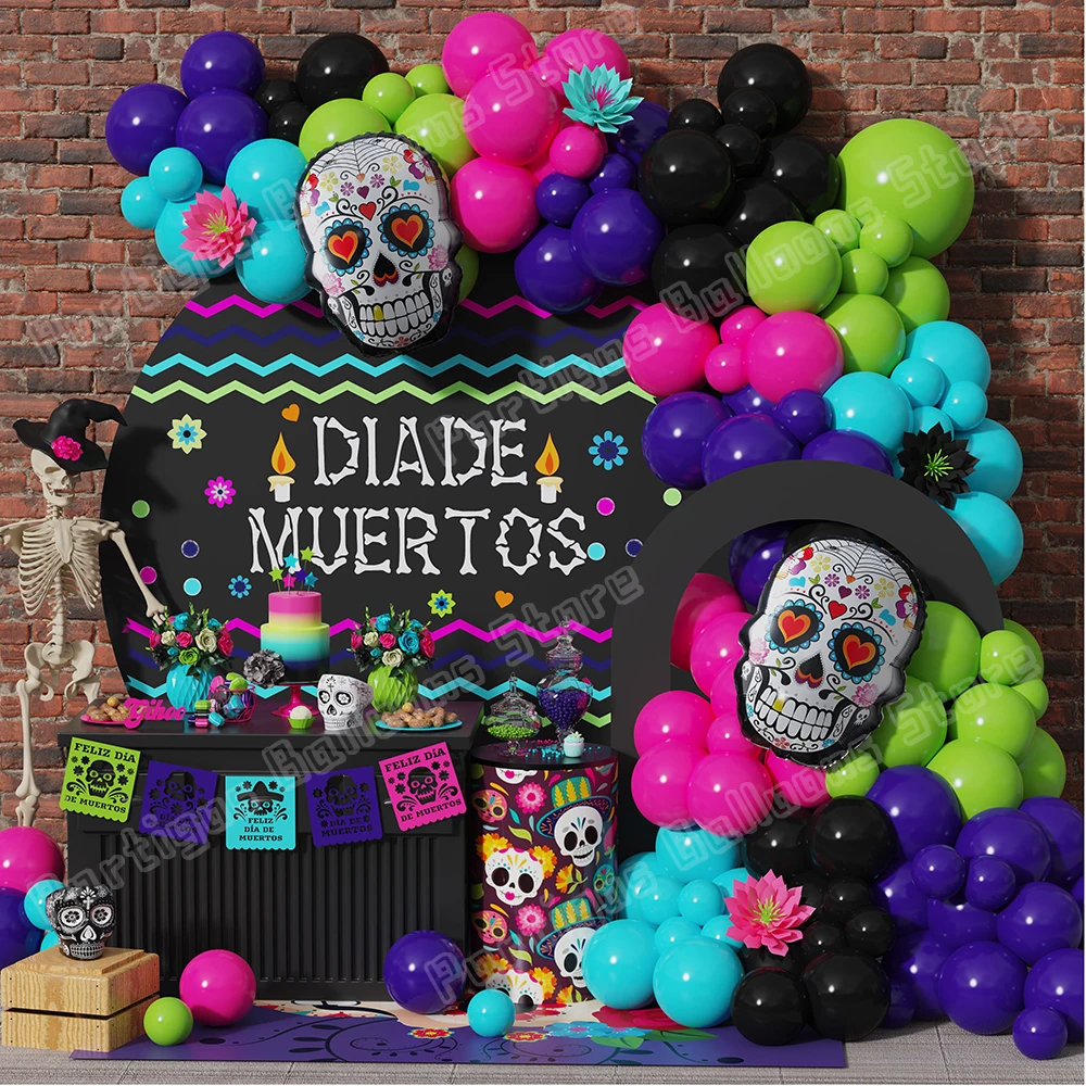 

124pcs Mexico Day of The Dead Theme Balloon Garland Arch Kit Terror Skull Foil Balloon Dia De Los Home Halloween Party Decor
