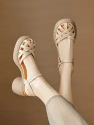 Round Toe Fashion Womens Shoes 2026 Beige Heeled Sandals Buckle Strap Breathable Luxury Black Comfort New Summer Girls Closed Mu