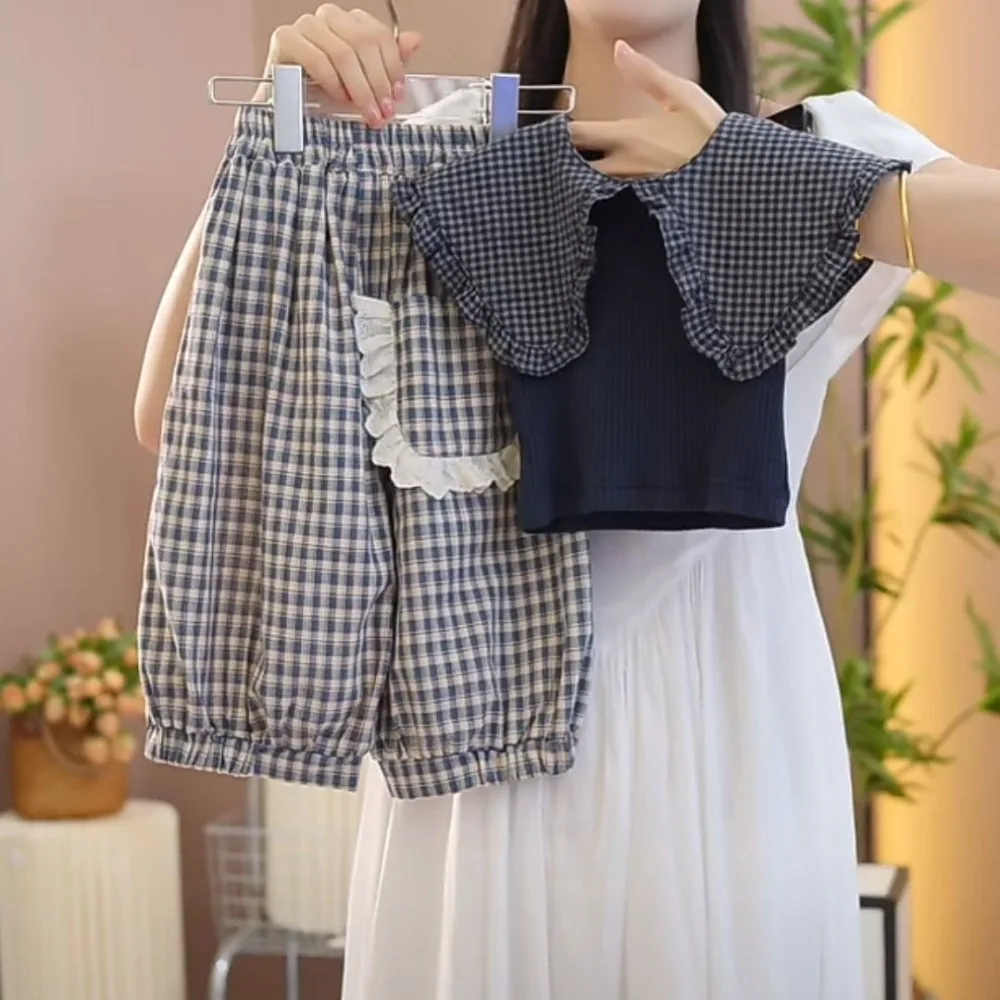 Корейская версия, модный клетчатый костюм с воротником, топ без рукавов и брюки-фонарики с карманами, комплект из двух предметов для одежды для девочек