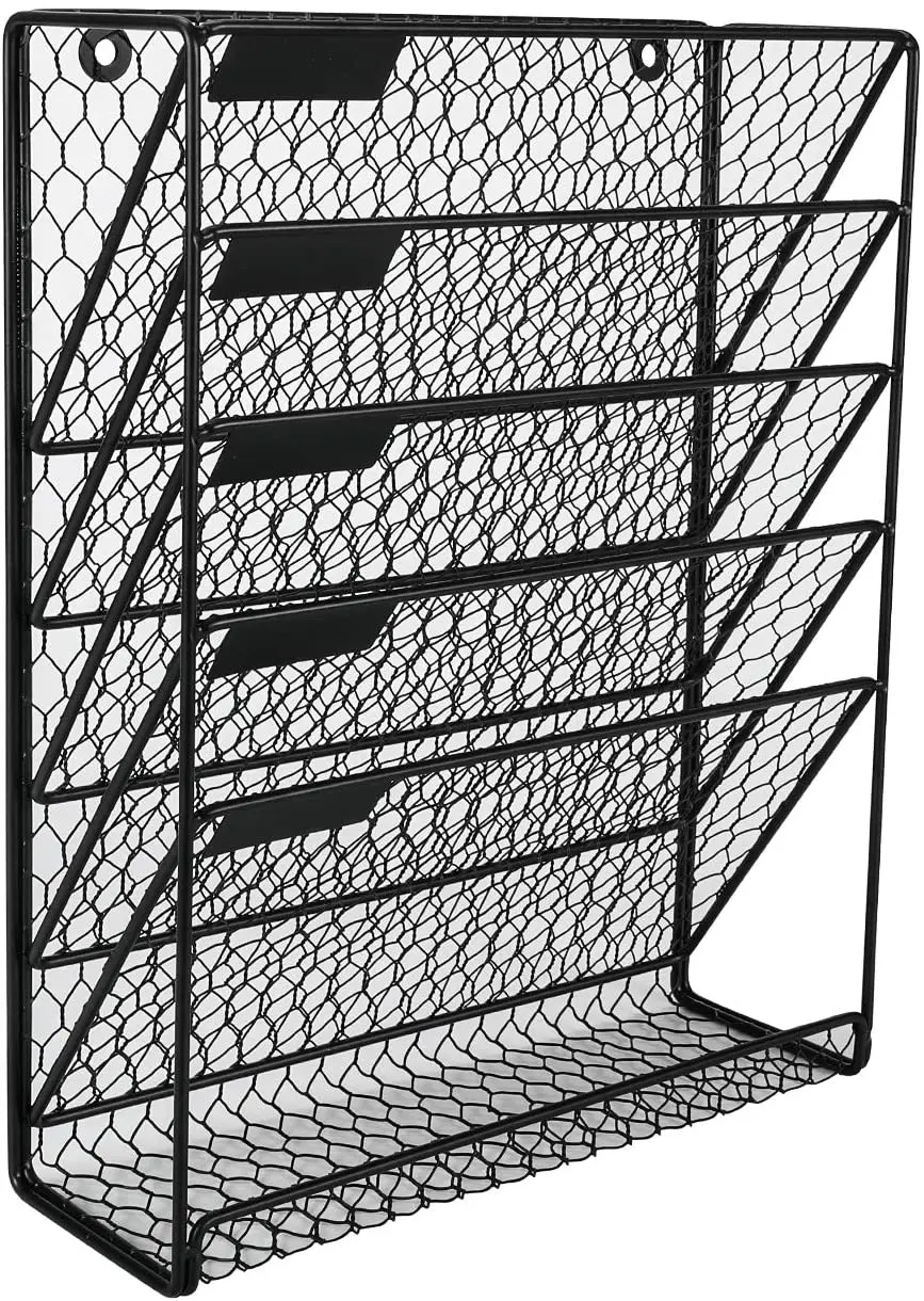 New Office Home Metal Chicken Wire Wall Mount 6 Tier Black Hanging File Holder Organizer for Book Magazine Rack