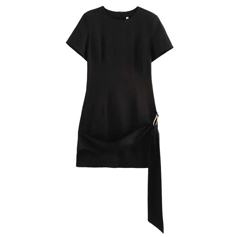 TRAF Women's Dress Black Short Dresses Women O-Neck Short Sleeve Vestidos Mini Horseshoe Buckle Dresses Casual Women's Dresses