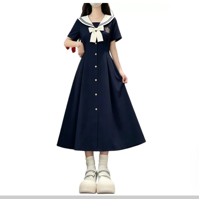 summer-style-college-style-navy-collar-waist-slimming-dress