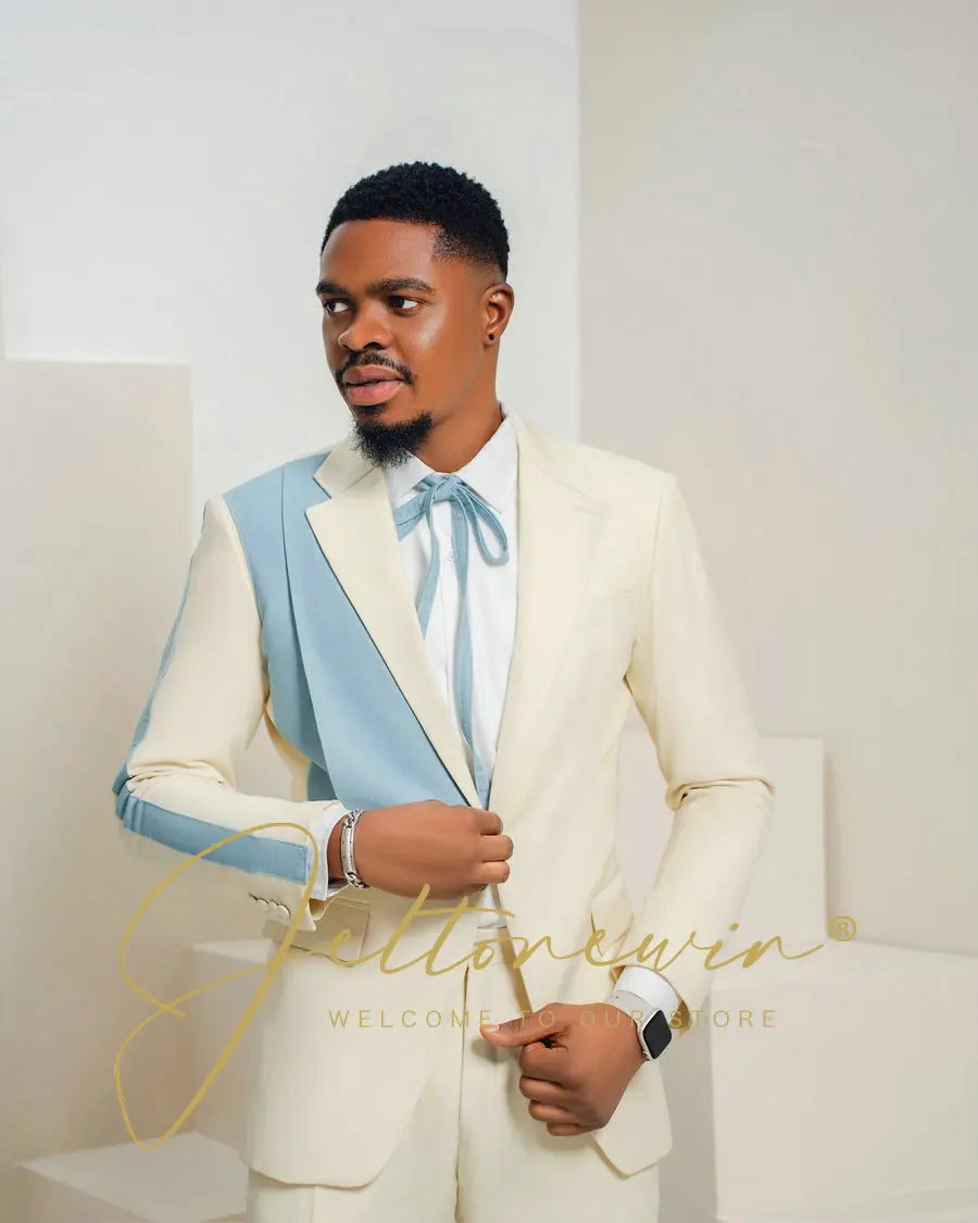 

Men's White Suit with Light Blue Side Panel and Sleeve Stripe Design Slim Fit Two Piece Formal Wear for Wedding Party Groo