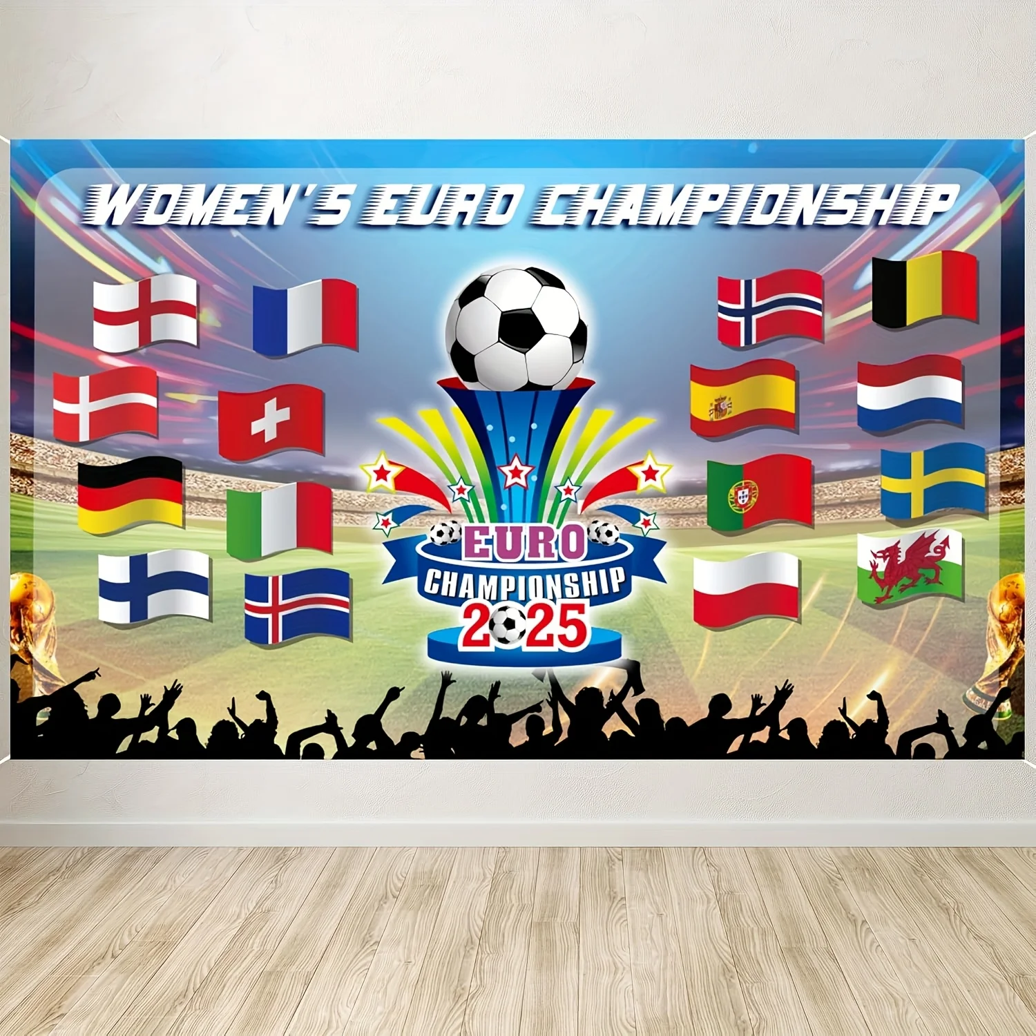 Euro-Fußball-Hintergrundbanner für Damen, 2025, Euro-Meisterschaft-Dekoration, 16 Teams, Stoff-Flaggen-Banner für Garten, Tisch-Zauberstab
