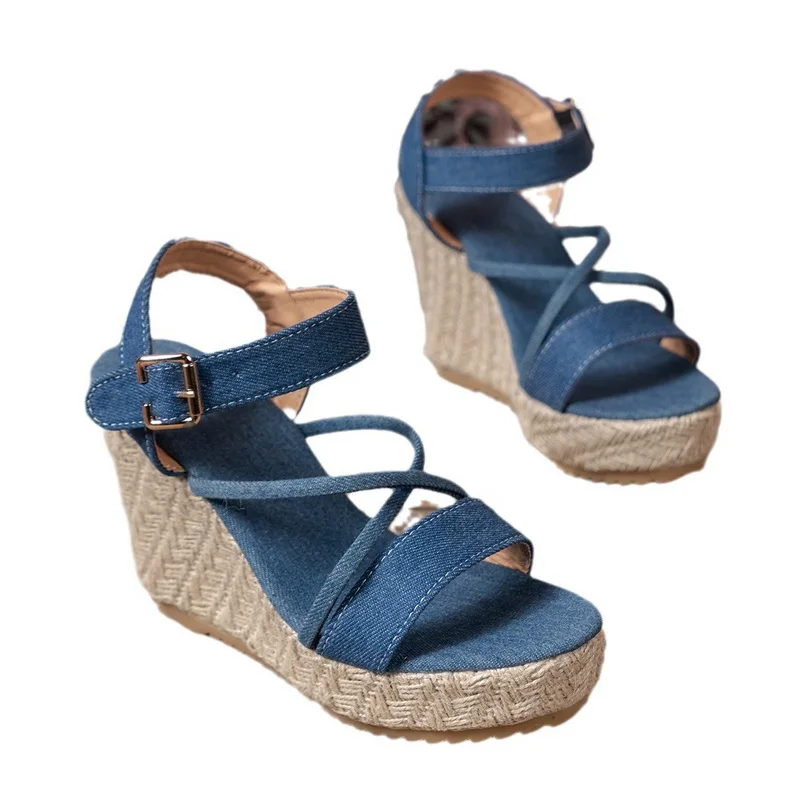 FHC 2024 New Denim Wedges Sandals,Women High Heels Summer Shoes,Cross Straps,Ankle Buckle,Thick Bottom,Blue,36-42,Dropship