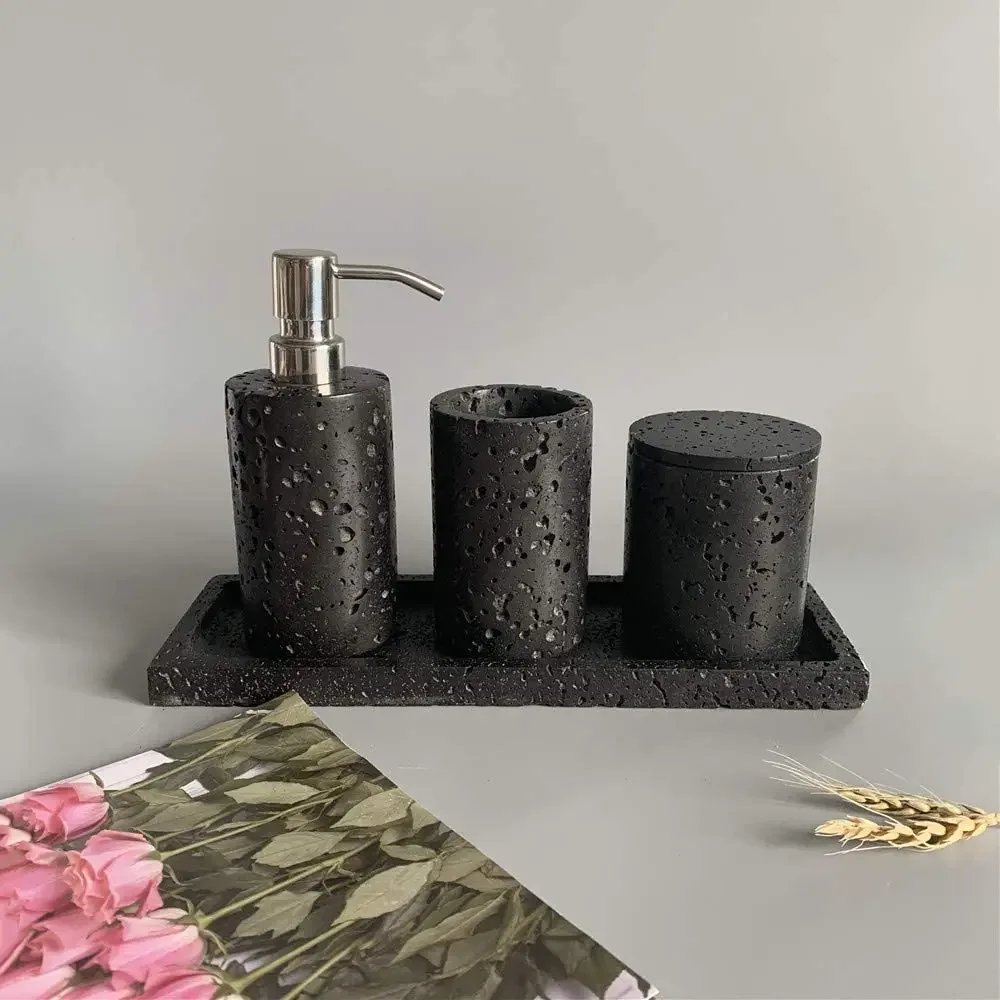 Natural Volcanic Rock Bathroom Accessories Set 4 Piece-Toothbrush Cup, Storage Tray, Liquid Soap Dispenser, Cotton Swab Box