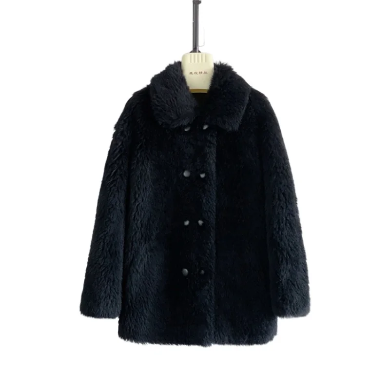 Tajiyane معاطف صوف 100% للنساء للخريف والشتاء سترة قص الأغنام غير رسمية متوسطة الطول معاطف الفرو الأسود Chaquetas Para Mujer