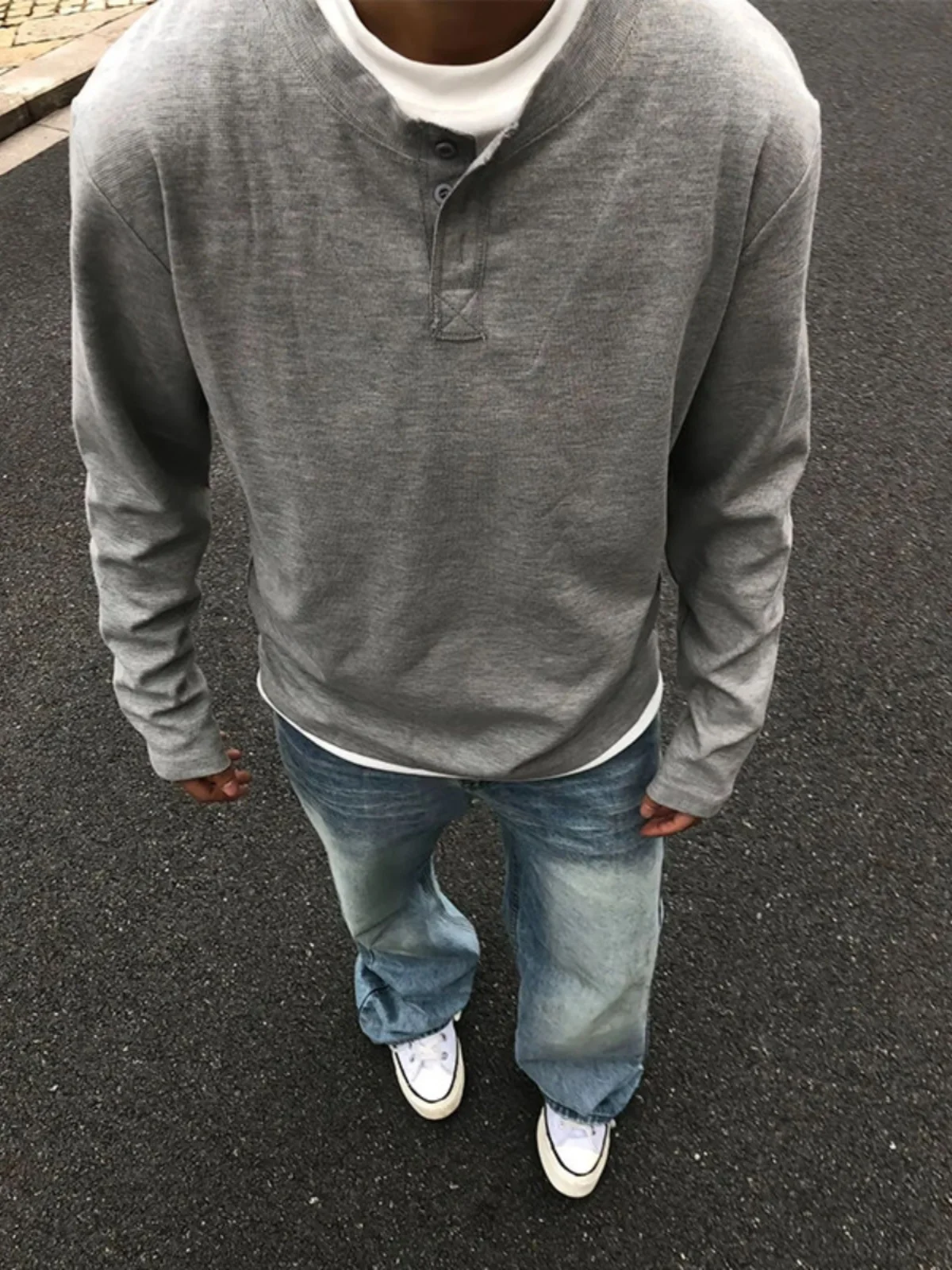 

Мужская футболка Cleanfit с длинным рукавом и воротником хенли, серая, без капюшона, с круглым вырезом, в американском стиле, базовая, для весны и осени