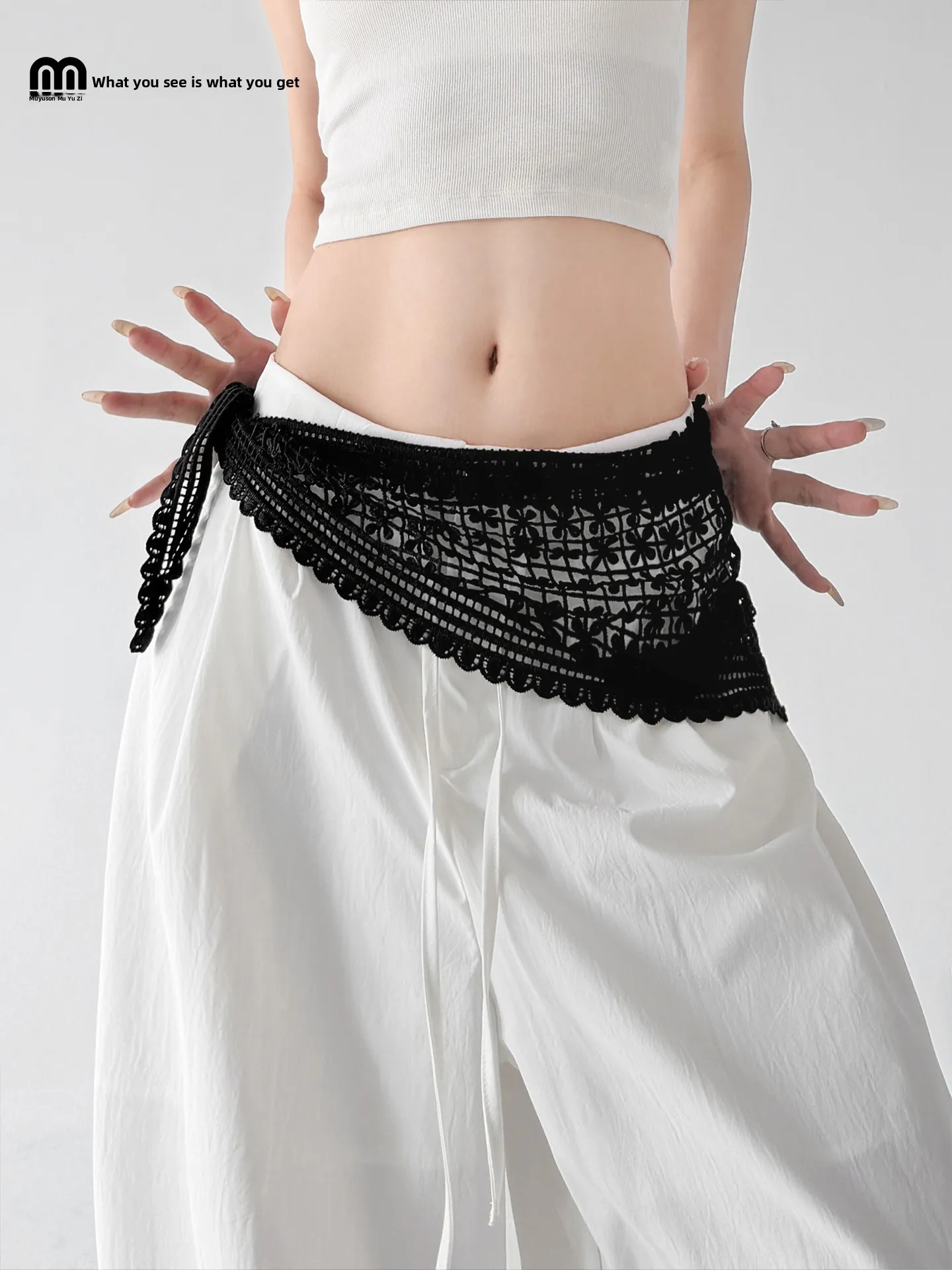 Romantic White Lace Waist Skirt Women's 2026 Summer Fashion Versatile Belted Half Skirt Layering Tulle Curtain Low Waist A-Li...