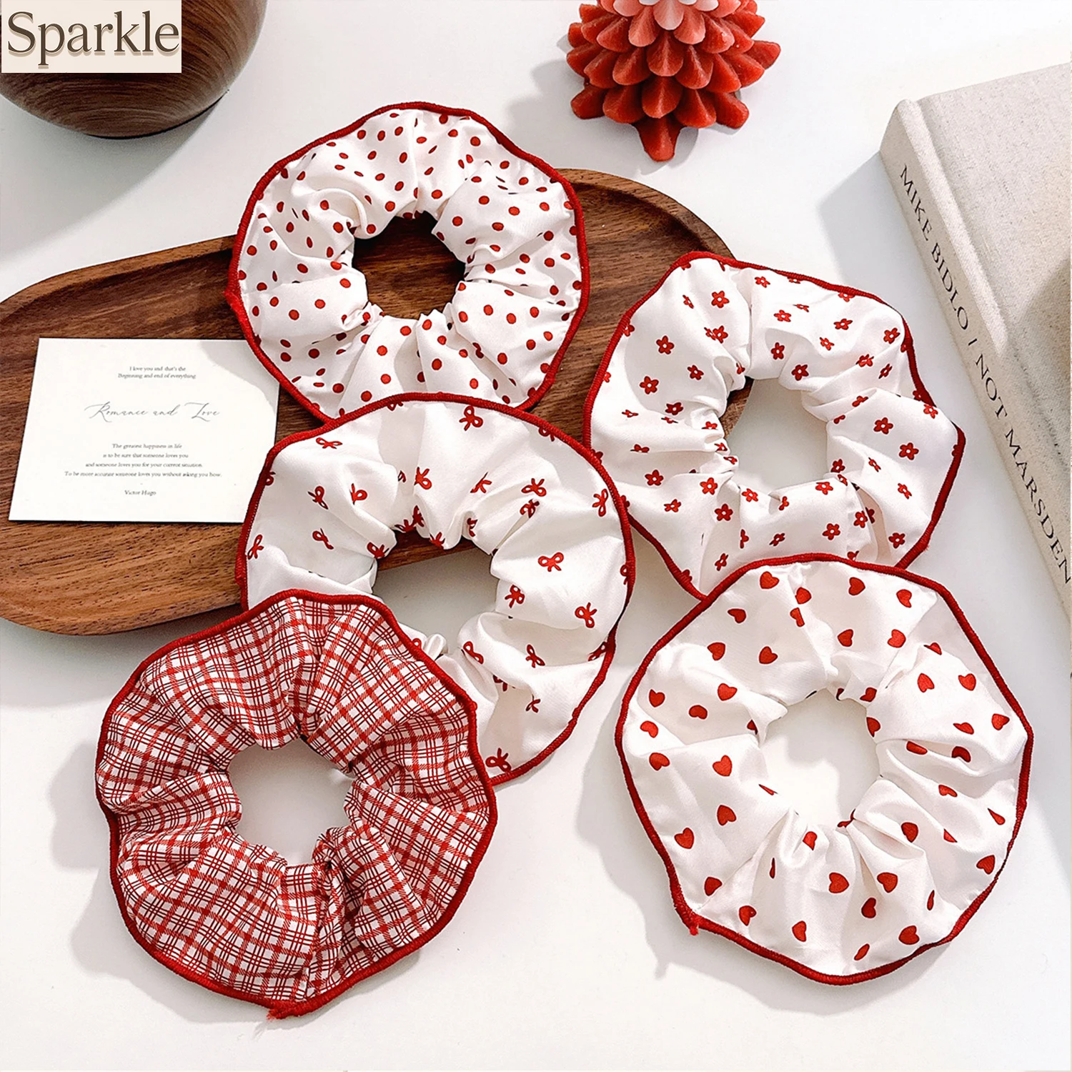 5PCS High-End Red Cute Dot Plaid Scrunchies Soft Elastic Hair Ties for Women And Girls Gentle Fashion Hair Bands Accessories