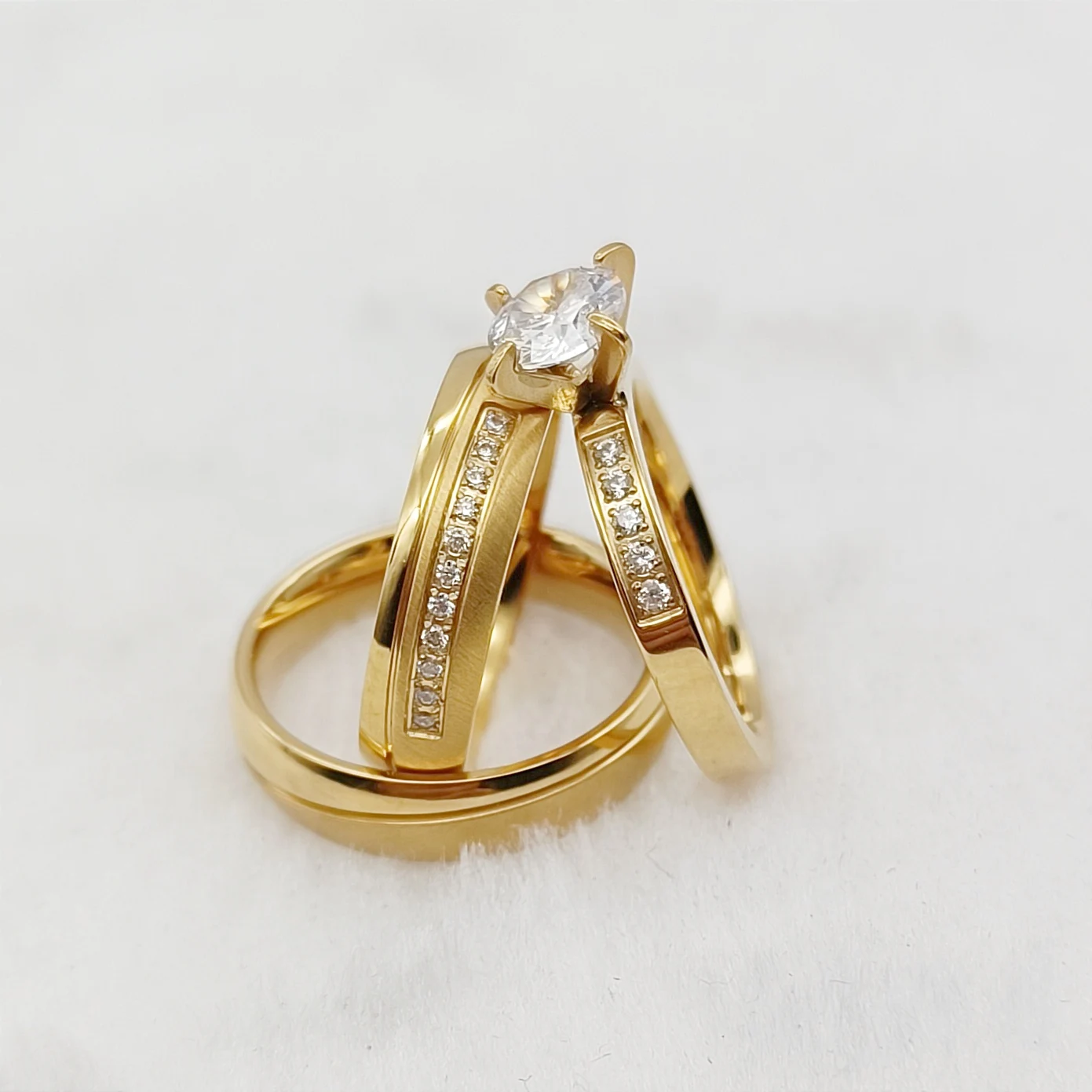 3pcs Wedding Engagement Rings Bridal Set for Men Women Cz Moissanite Diamond Ladies Gents 18k Gold Plated Love Couple Alliances