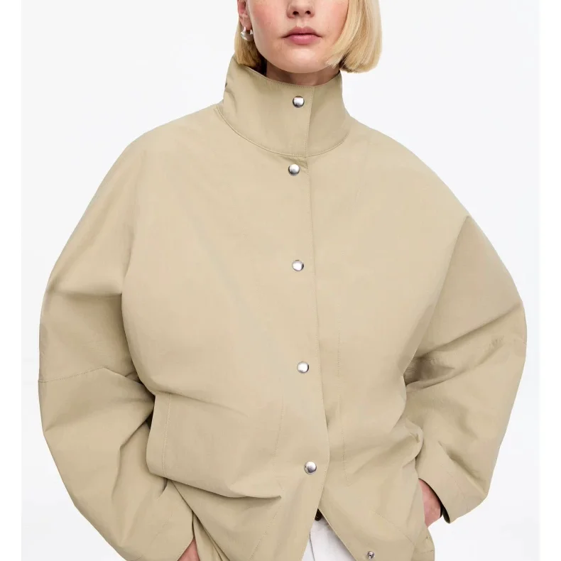 Spring Summer New Arrival Women's Fashion Loose Fit Stand Collar Button up Jacket ZR Style Long Sleeve Polyester Fibre Coat