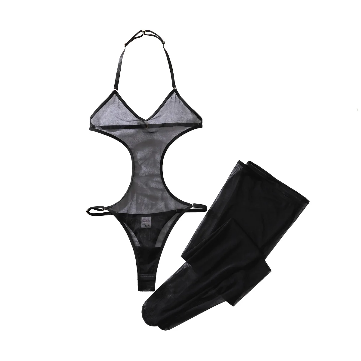 

Сексуальный прозрачный сетчатый комбинезон с открытой промежностью, женское корректирующее тонкое боди с завязками на шее, с чулками, экзотическое белье и боди