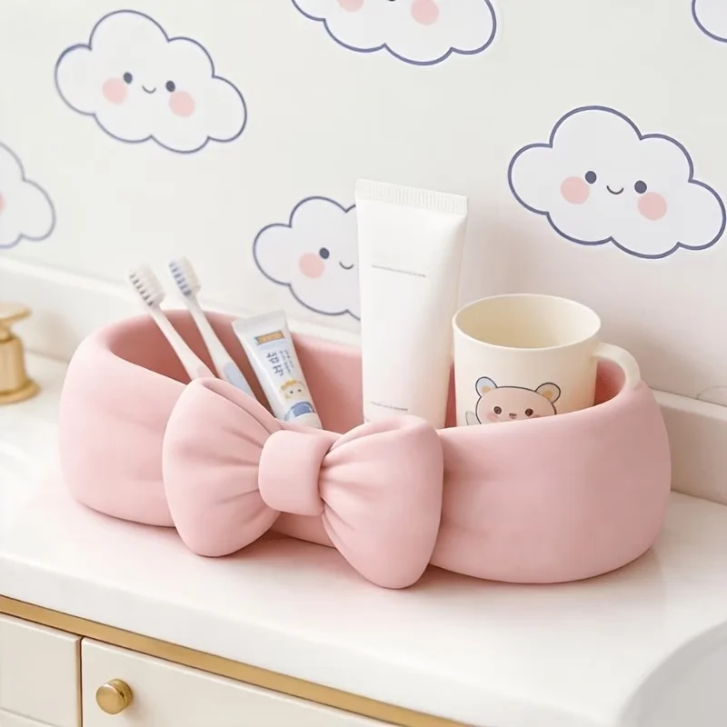 Organisateur de bureau mignon avec nœud rose, plateau de maquillage, boîte de rangement pour brosses à dents et produits de soin