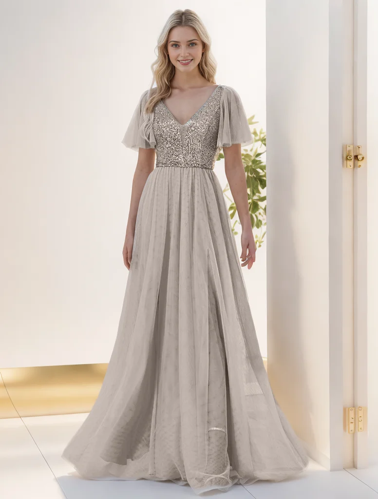 Ladies Sequined V-neck Evening Dress Short-Sleeved Banquet Mesh Big Swing Skirt for Graduation Performance Sexy Long Skirt