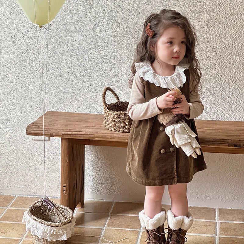 

Vest Dress Corduroy Grils Children Spring Autumn New Korean Loose Casual Simple Solid Comfortable All-matching Sweet