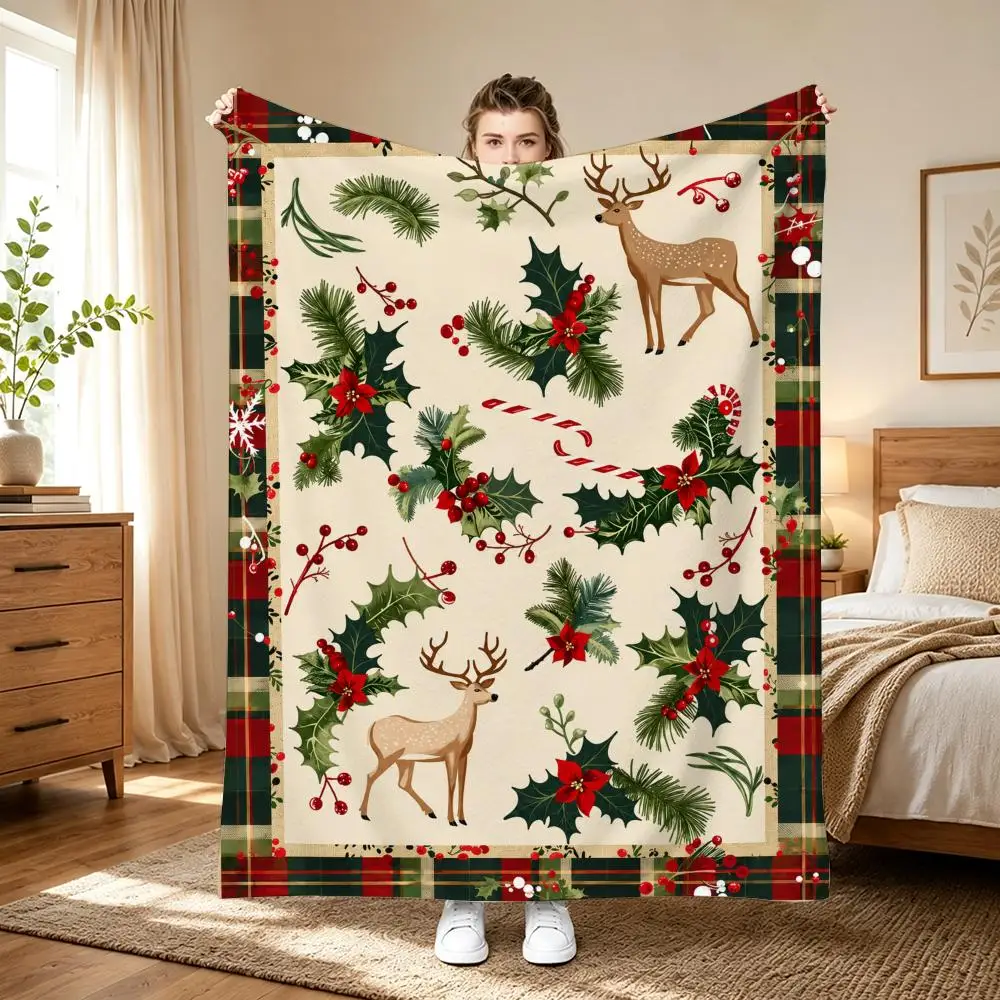 Vintage Christmas Botanical Throw Lightweight 240g Flannel Blanket Soft Skin-friendly for Summer Cooling