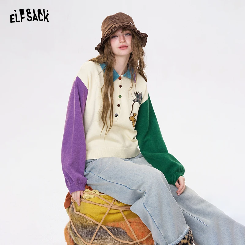 

ELFSACK Y2K Милый графический свитер с воротником-поло для женщин