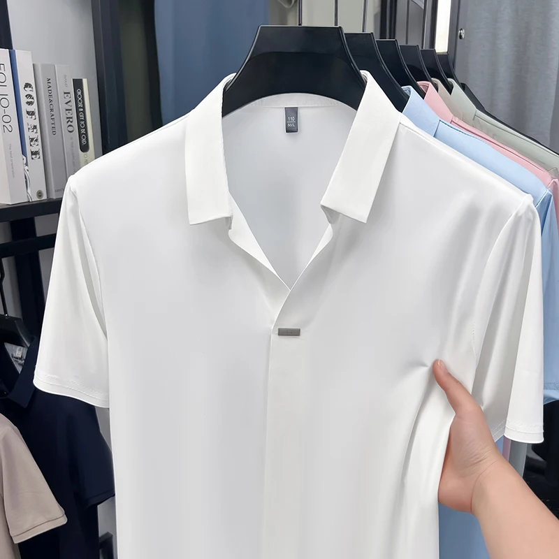 Herren Eisseide Hemd mit verdecktem Knopf, Reverskragen, Kurzarm, Slim Fit, weich, knitterfrei, atmungsaktiv, Sommer-Oberteil – Detail 10