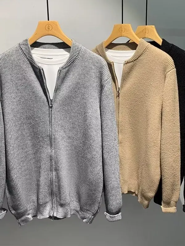 

Мужской кардиган с двойной молнией и воротником, модный повседневный универсальный молодежный вязаный свитер, цветная трикотажная верхняя одежда