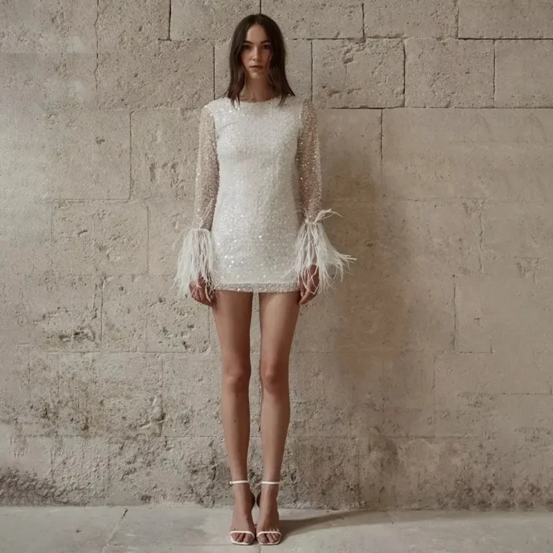 

New Arrival Women's Party Sequin Beaded Embroidery Slim Fit Bodycon Short Dress Wedding Dress Long Sleeve Ostrich Feather Cuff E