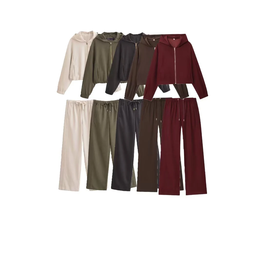 الخريف الملابس النسائية الجديدة النمط الأوروبي والأمريكي فضفاض سستة مقنعين سترة الطيار مع ربطة عنق واسعة الساق مجموعة السراويل غير رسمية