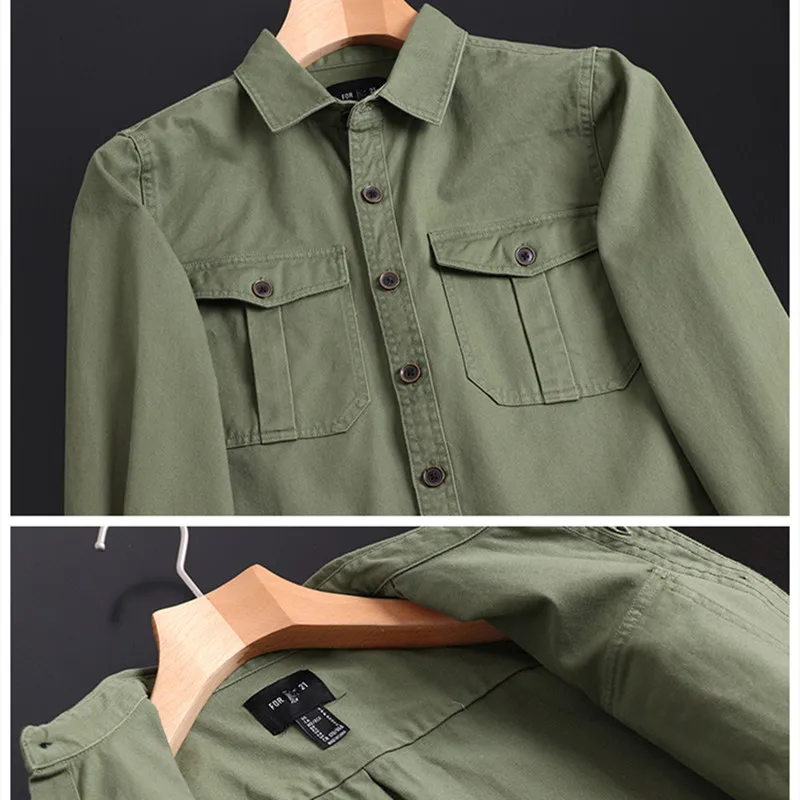 Twill Yarn Card Washed Japanese Single Men\'s Clothing Tooling Cotton Long Sleeve Shirt Outoor Hiking Trekking Military Uniform