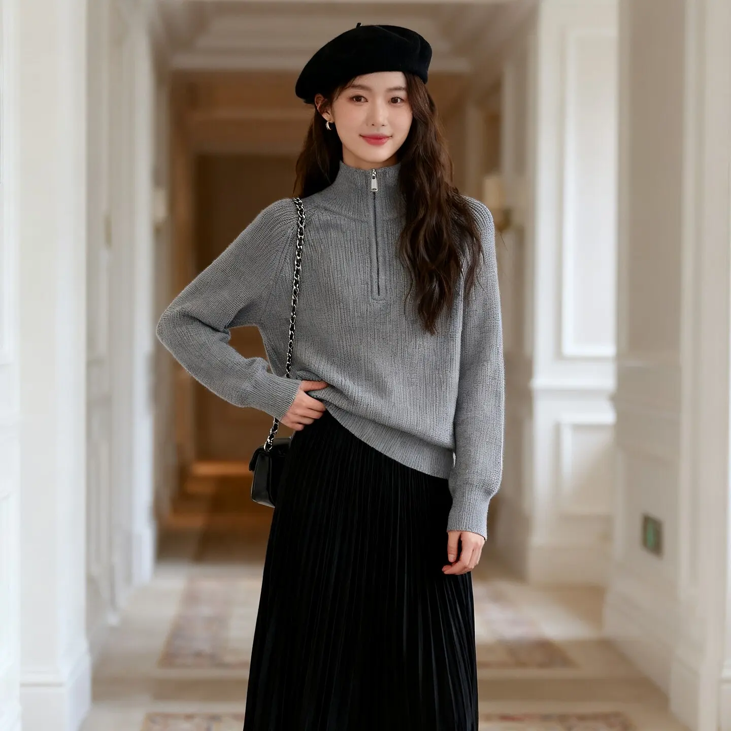 High-grade grey half-high-necked zipper sweater women's autumn lazy wind loose cashmere sweater