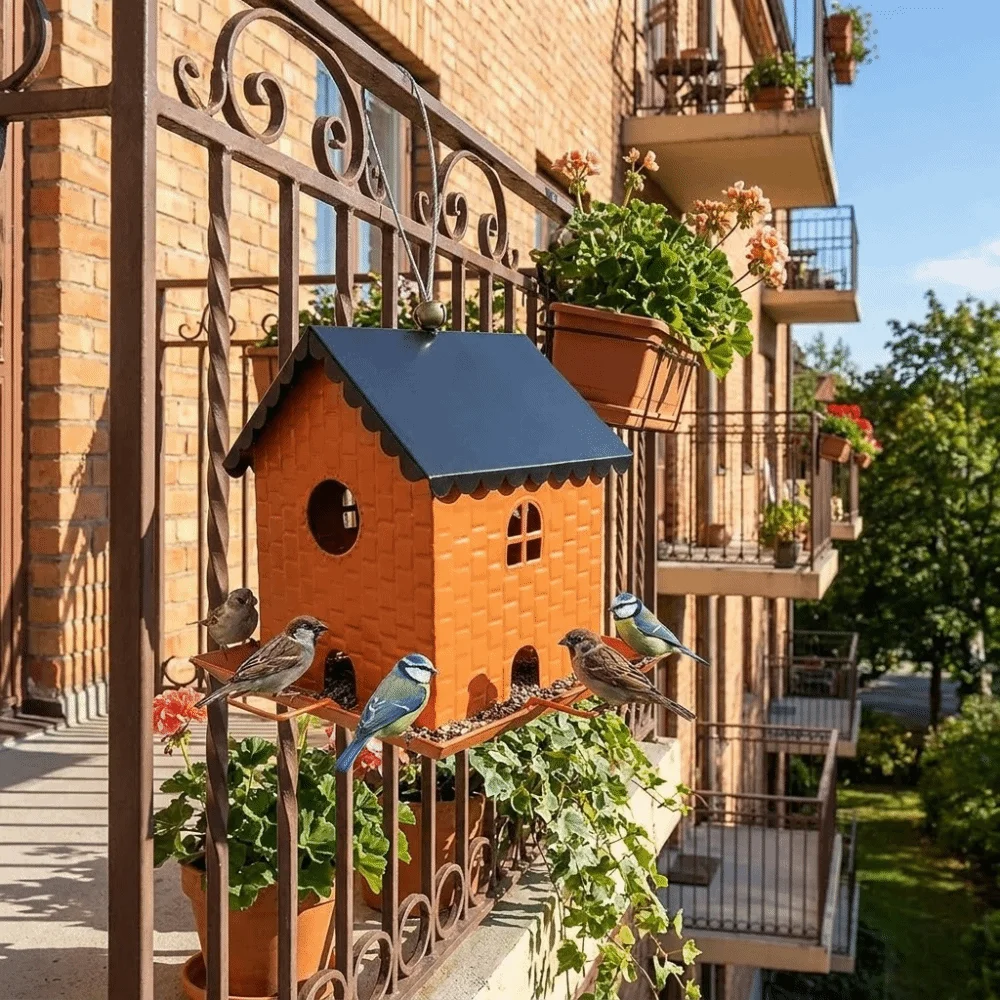 

Large Capacity House Shape Bird Feeder Windproof Leak-Proof Bird Feeding Station Squirrel Proof Metal Hanging Bird Feeder Garden