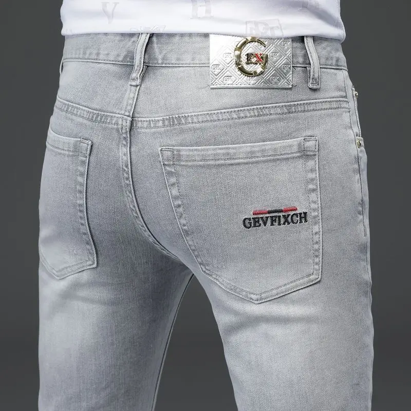 High-end Embroidered Jeans Men's Summer Brand Slim-fitting Small Feet Elastic Korean Thin Casual Men Work Pants Pantalon Homme