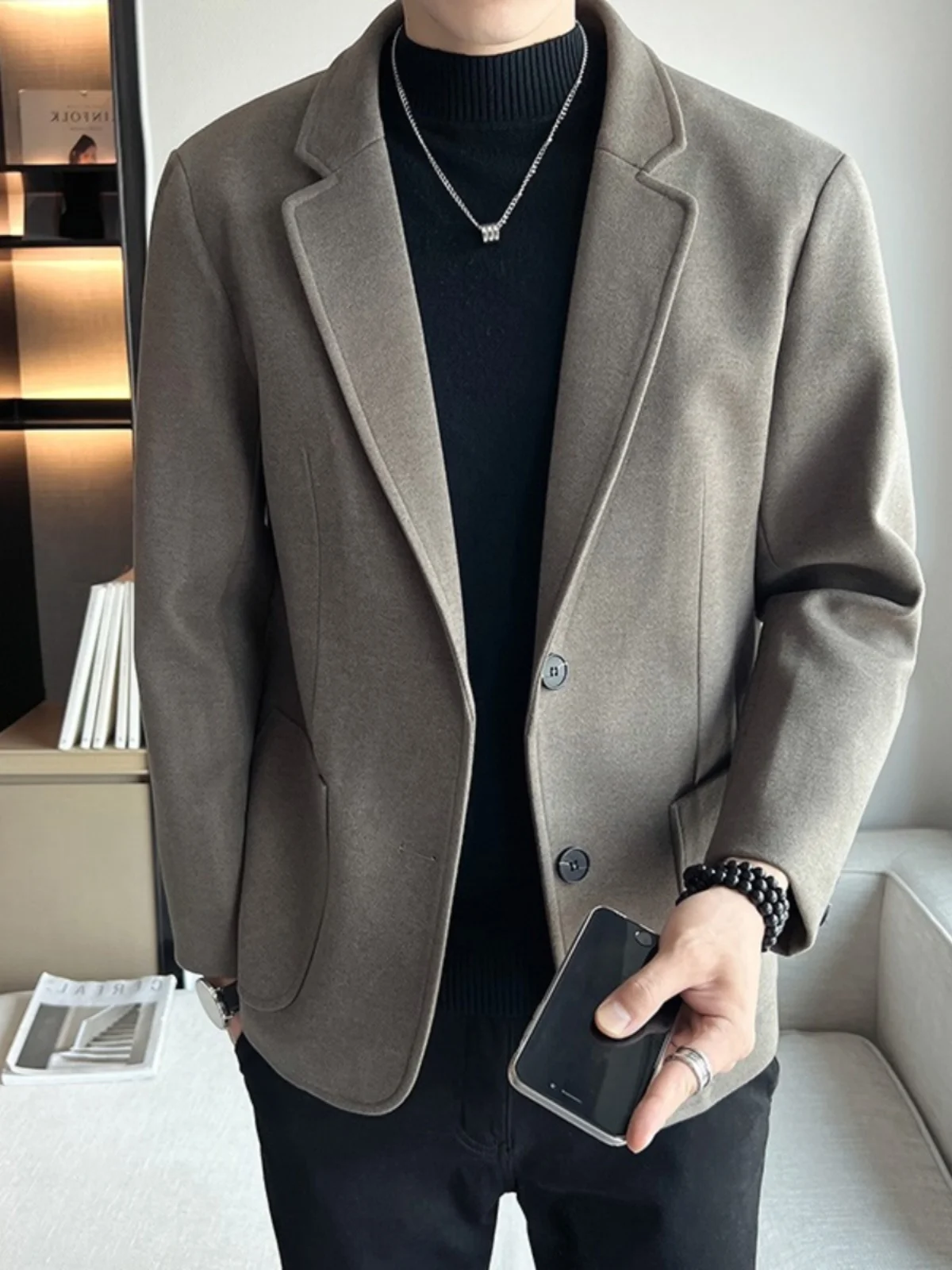 

Мужской шерстяной костюм-пиджак из тонкой шерсти, осенне-зимний, повседневный, в корейском стиле, свободного кроя, для офиса, длинный рукав