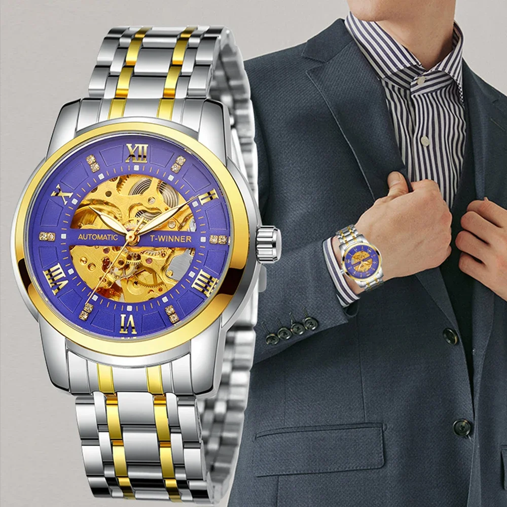 T-WINNER Trendy Sport Mens Watches Skeleton Automatic Mechanical Watches Rhinestone Luminous Pointers Stainless Steel Wristwatch