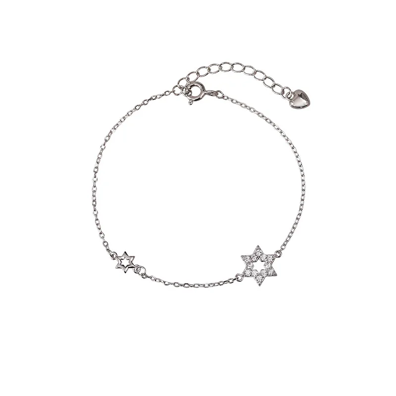 Sterling Silver Color Bracelets for Women Double Six Pointed Star Charm Hand Chain Link Orignal Fashion Jewelry