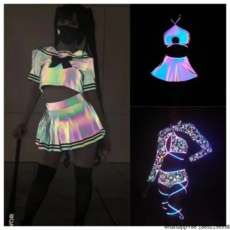 Colorful Reflective Sailor Suit Set Fluorescent Babes Bar Nightclub DS Dance Suit Printed Cross Strap Bikini