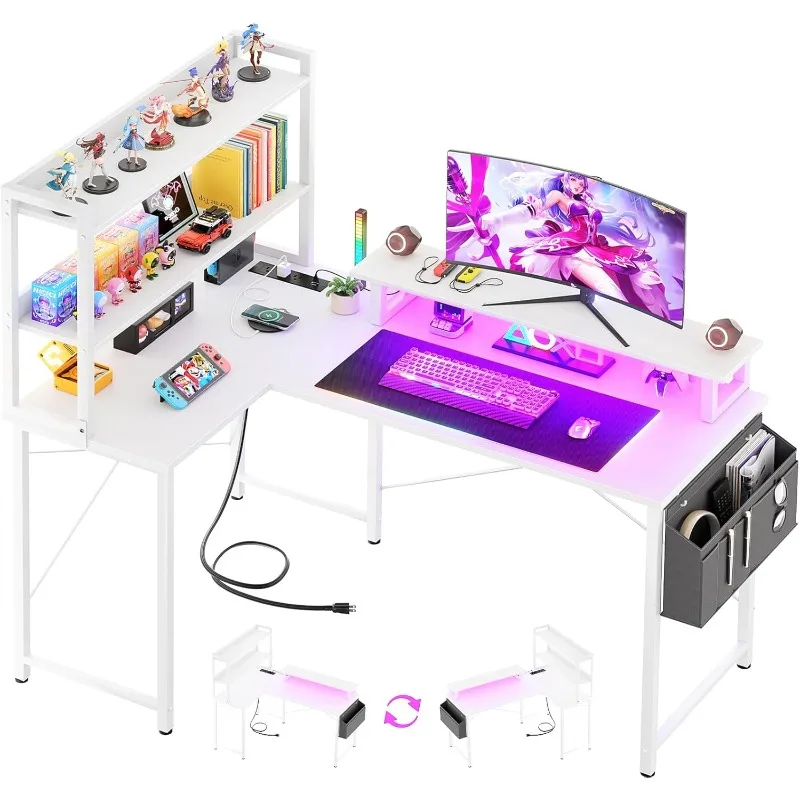 L Shaped Computer Desk with Bookshelf, 47 Inch Reversible Corner Gaming Desk with Charging Station & Led Light, Home