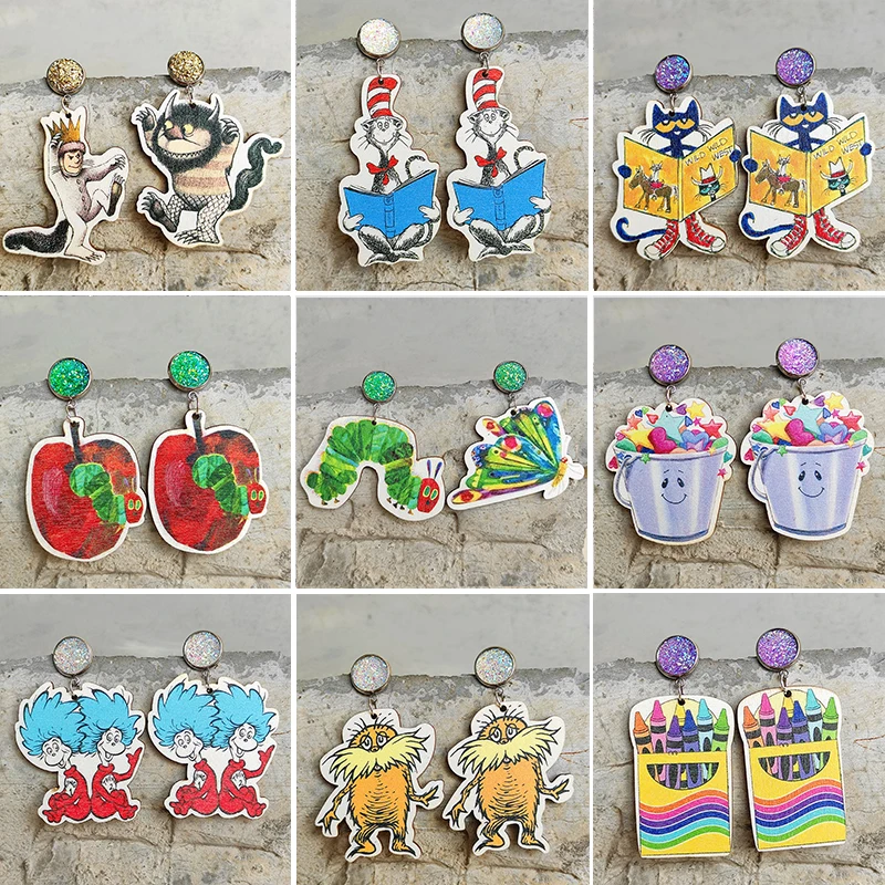 Student Teacher Earrings Monster Cat Wooden Earrings Shining Hot Sales Starts Gradation Gift Earrings Wholesale