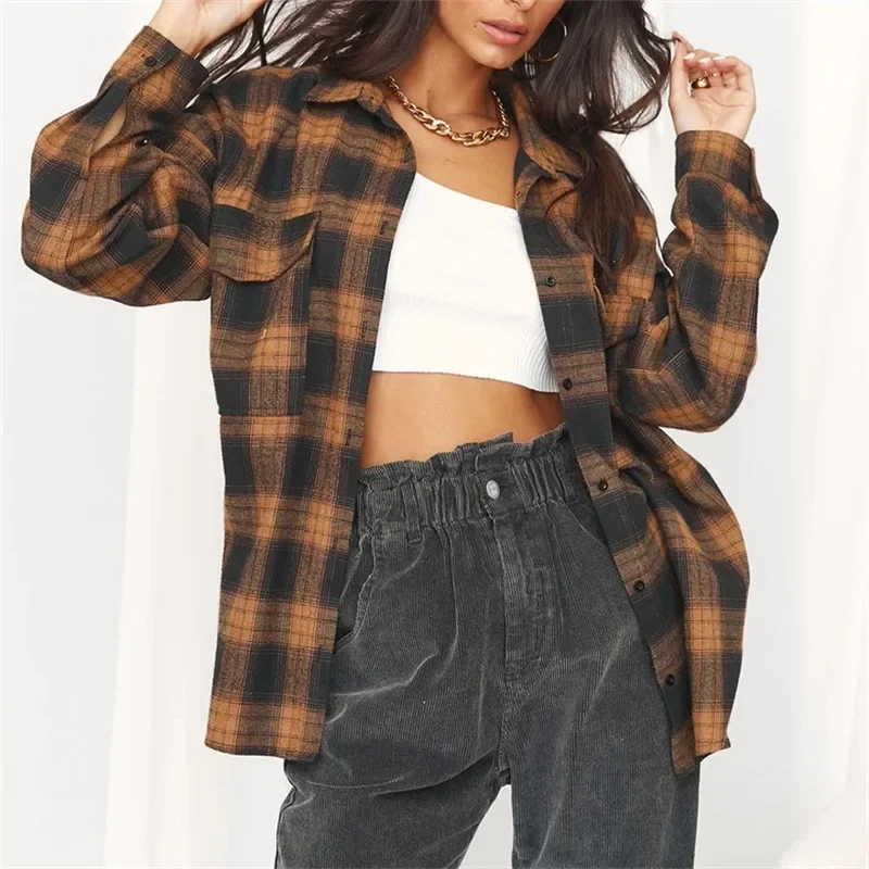 Vintage Casual Plaid Long Sleeved Cotton Shirt Lapel Single Breasted Loose Jacket  Long Cardigan Women