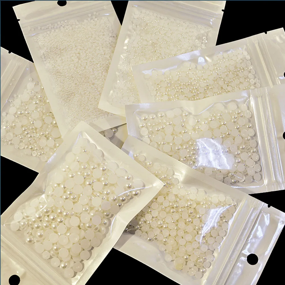 Cuentas de perlas blancas para decoración de manicura, abalorios de diamantes de imitación para uñas, 3D, medio redondo, tamaño mixto, Beige, Parte posterior plana, 500-1000 unids/lote por bolsa
